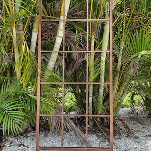 May include: A brown metal trellis with a rectangular shape and a grid pattern. The trellis is standing in front of a green leafy plant.
