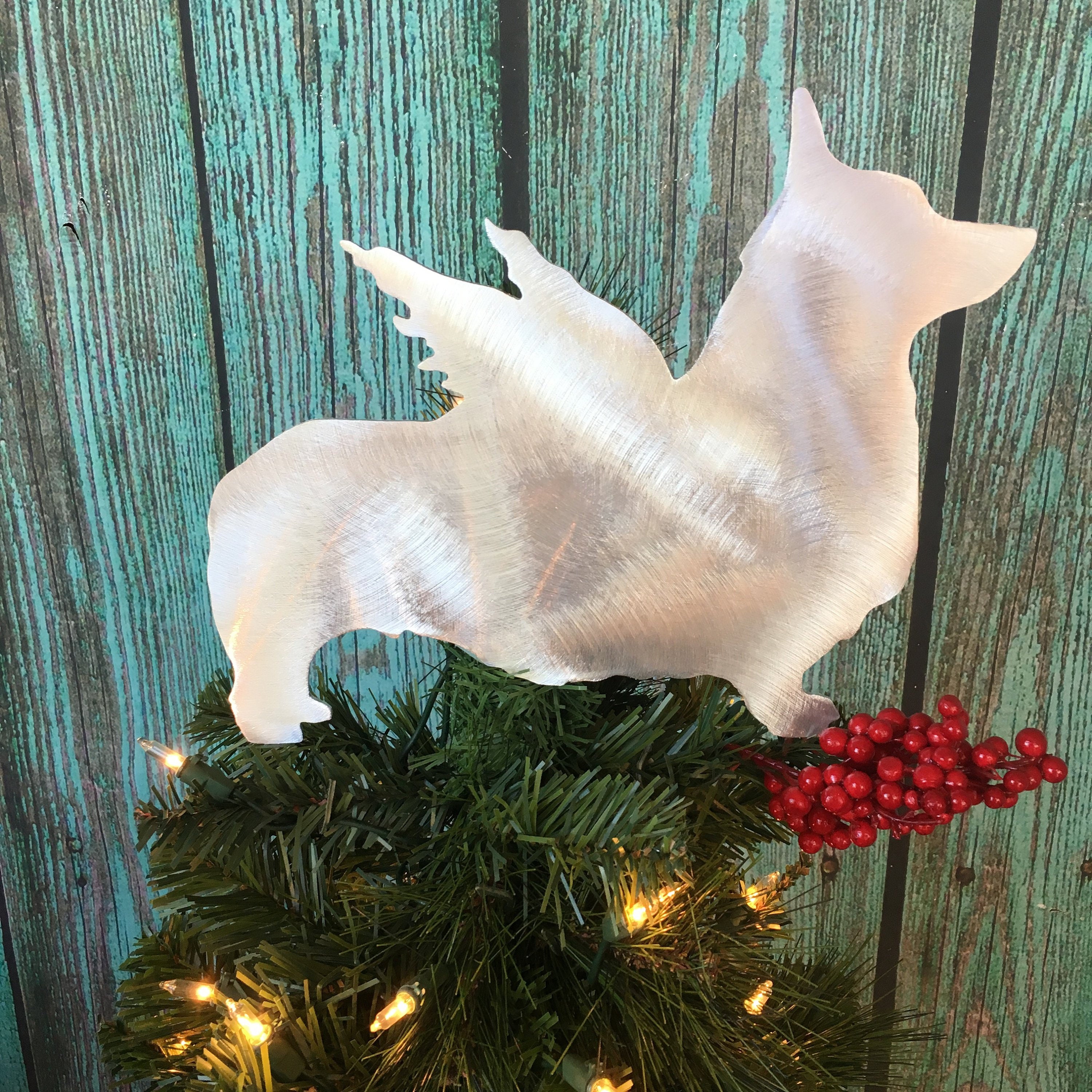 Pembroke Welsh Corgi, Angel Dog Tree Topper, Décoration de Vacances, Aluminium, Noël, Métal, Art, Id
