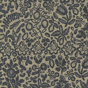 Może przedstawiać: Szczegółowy widok wzoru koronki kwiatowej. Projekt przedstawia ciemnoniebieskie kwiaty, liście i inne elementy botaniczne na beżowym tle. Złożony wzór jest gęsto upakowany, tworząc teksturowany wygląd.