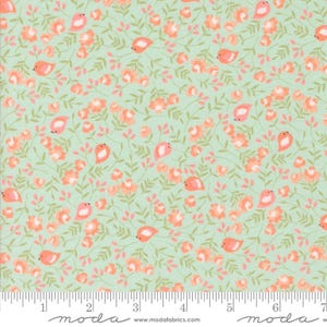 May include: A light mint green fabric featuring a repeating pattern of small coral-colored birds and delicate peach-colored flowers with thin green stems and leaves. The bottom edge displays a white ruler with the text moda and modafabrics.com.