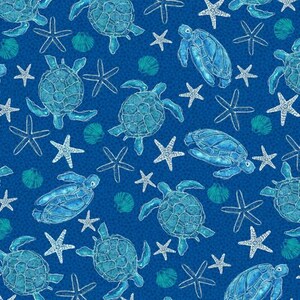 May include: A seamless pattern featuring sea turtles, starfish, and seashells in shades of blue and white against a dark blue background. The design is repeated across the surface, creating a cohesive and visually appealing pattern.