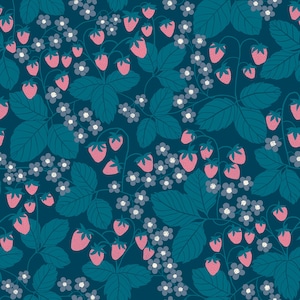 May include: A repeating pattern of pink strawberries, small white flowers, and teal leaves on a dark blue backdrop. The design is a seamless motif of the fruit and foliage.