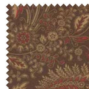 May include: A brown fabric swatch with a pinked edge featuring a repeating floral and paisley pattern in shades of muted gold, tan, and deep red. The intricate design covers the entire surface of the textile, showcasing detailed botanical motifs.