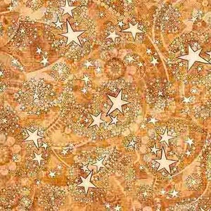 May include: A fabric pattern featuring a dense arrangement of five-pointed stars in off-white with dark outlines, set against a textured background of swirling golden-brown and copper tones with intricate, repeating circular and linear motifs.