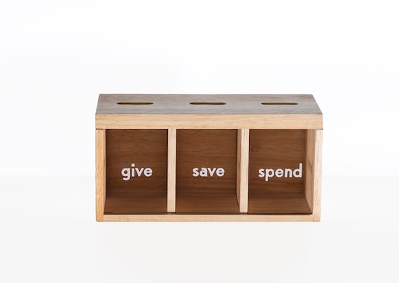 Personalized Kids Piggy Bank: Give Save Spend Design (Wooden)
