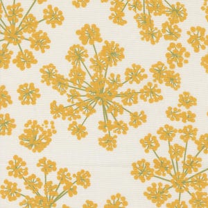 May include: Cream-colored fabric with a repeating pattern of yellow floral clusters and green stems. The flowers have a delicate, starburst-like appearance, creating a cheerful and natural design. This fabric is suitable for various craft and sewing projects.