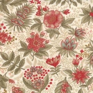 May include: A fabric pattern featuring a dense botanical print on a cream background. The design consists of stylized red flowers, muted sage green leaves, and delicate fern-like foliage arranged in a repeating, intricate floral composition.