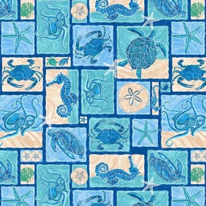 May include: A repeating pattern featuring marine life illustrations. The design includes blue crabs, sea turtles, seahorses, starfish, and octopuses, set against a backdrop of blue and beige squares. The overall theme is nautical.