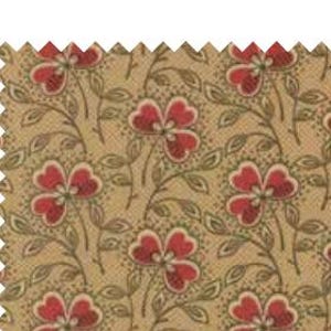 May include: A fabric swatch featuring a repeating floral pattern with red three-petaled flowers and green leaves on a tan background. The design includes thin, dark brown stems and delicate, intricate line work surrounding each flower motif.