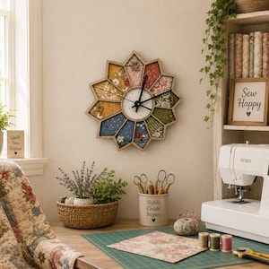May include: A star-shaped wall clock with a wooden frame and twelve segments, each featuring a different floral or patterned fabric design. The clock face has a white center with black numbers and hands, mounted on a wall in a sewing room.