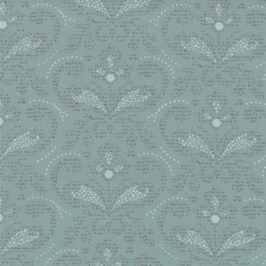 Może przedstawiać: Turkusowa tkanina z powtarzającym się wzorem stylizowanych kształtów kwiatowych i przerywanych linii. Wzór zawiera małe białe kropki i subtelne, teksturowane tło, tworząc delikatną i skomplikowaną estetykę.