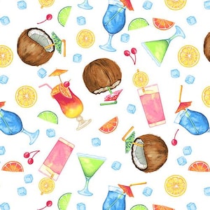 May include: Watercolor pattern of tropical cocktails, coconuts, and fruit slices on a white background. The image features blue, green, and pink cocktails, along with ice cubes, cherries, and orange and lime slices.
