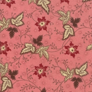 May include: A repeating pattern featuring stylized flowers and leaves in shades of red, brown, and cream against a pink dotted background. The floral design is reminiscent of vintage fabric patterns, suitable for quilting or crafting projects.