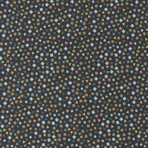 May include: A seamless pattern featuring a variety of geometric shapes in shades of blue, green, brown, and yellow on a dark background.