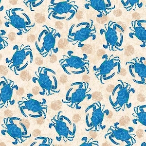 May include: A repeating pattern featuring blue crabs and beige seashells on a textured, off-white background. The crabs are detailed with a watercolor effect, and the seashells are in a simple, stylized design. This nautical-themed pattern is suitable for fabric or wallpaper.