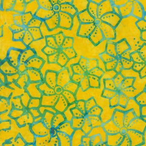 May include: A vibrant yellow fabric with a repeating pattern of stylized turquoise flowers. The flowers have a dotted outline and a central circle, creating a cheerful and eye-catching design. The fabric's texture appears slightly mottled.