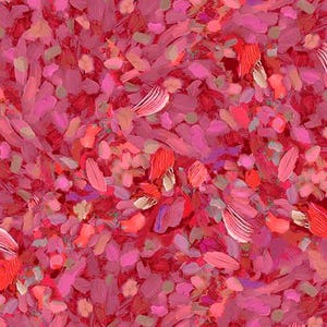 May include: Abstract artwork with a vibrant mix of pink, red, and orange brushstrokes. The painting features a textured surface with layered colors and visible brush marks, creating a dynamic and energetic composition.