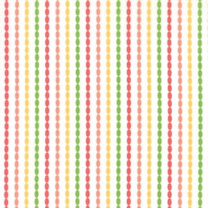 May include: A white background with vertical rows of colorful, oval-shaped beads. The beads alternate in shades of red, pink, yellow, and green, creating a vibrant and playful pattern. This design is suitable for fabric, wallpaper, or other decorative applications.