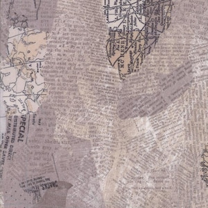 Pode incluir: Uma colagem de recortes de jornais antigos e fragmentos de mapas. O fundo é composto por papel de jornal envelhecido, sobreposto com secções de um mapa desbotado. A paleta de cores é principalmente neutra, com tons sépia e toques de cinza.