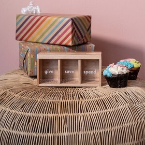 Puede incluir: Una caja de madera con tres compartimentos etiquetados como "give", "save" y "spend". La caja est&aacute; sobre una superficie tejida con tres cupcakes en el fondo.