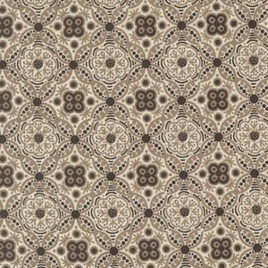 Pode incluir: Um padrão repetitivo com um design simétrico de formas florais e geométricas em tons de castanho e bege. O padrão inclui círculos, pontos e motivos florais estilizados, criando uma superfície texturizada e decorativa.