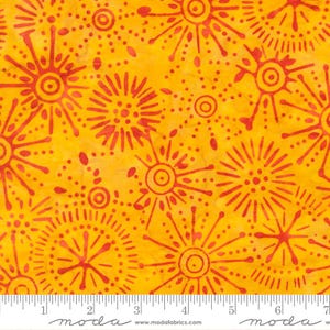 May include: A vibrant yellow fabric featuring a repeating pattern of red sunbursts and circular motifs. The design includes various sizes of radiating lines and dots, creating a dense, textured appearance across the entire surface of the textile.