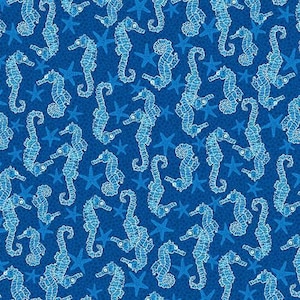 May include: A repeating pattern of light blue seahorses and starfish on a dark blue background. The seahorses are detailed with white outlines, and the starfish are a solid light blue. The design is suitable for nautical or ocean-themed products.
