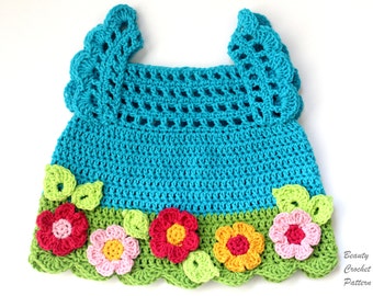Patrón de vestido de niña de flores, patrón de vestido de bebé de ganchillo, patrón de vestido de niña pequeña, vestido floral PDF, patrón de vestido de ganchillo para niñas