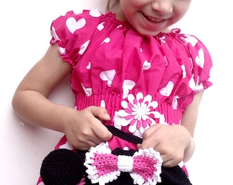Borsa con motivo all'uncinetto Miss Bow Mouse, modello di borsa all'uncinetto per ragazza, modello di accessori Minnie