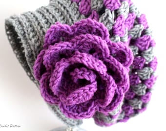 Crochet Slouchy Hat Pattern, Granny Slouchy Hat, Crochet Hat Patterns For Women, Crochet Hat With Flower, Slouchy Beanie Women, PDF Pattern