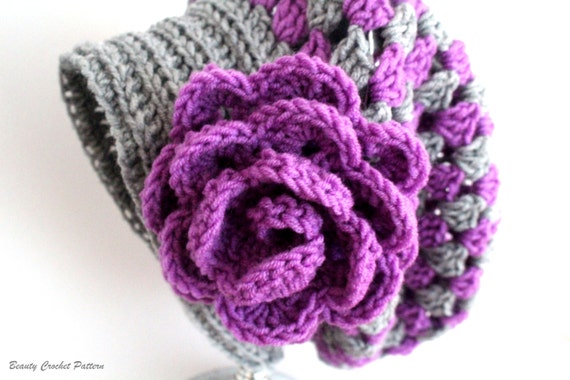 Crochet Slouchy Hat Pattern, Granny Slouchy Hat, Crochet Hat Patterns For Women, Crochet Hat With Flower, Slouchy Beanie Women, PDF Pattern