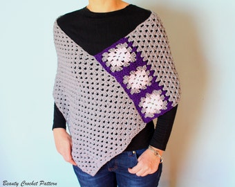 Patrón de poncho de ganchillo, patrón de envoltura de ganchillo, envoltura de poncho, capa de poncho, bufanda cuadrada de la abuela, patrón de capa, patrón de capelet, patrón de chal