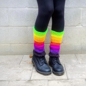 Rainbow Striped Knit Leg Warmers - Mid Calf Acrylic Yarn Pride month