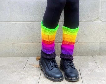Rainbow Striped Knit Leg Warmers - Mid Calf Acrylic Yarn Pride month