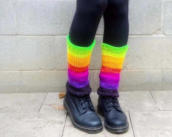Rainbow Striped Knit Leg Warmers - Mid Calf Acrylic Yarn Pride month