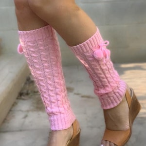 Leg warmers womens in pink color with pom poms image 4