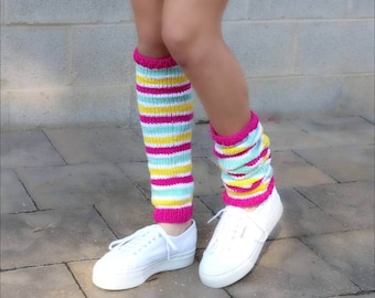 Long Leg warmers womens, adult/teenage girls knit leg warmers long, colorful, striped rainbow leg warmers for women