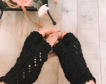 knitted black fingerless gloves, gift for her, Halloween costume accessory