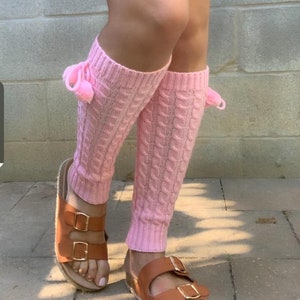 Leg warmers womens in pink color with pom poms image 3