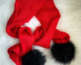 Knitted Long Red Scarf with black pom pom / Valentine’s Day Gift