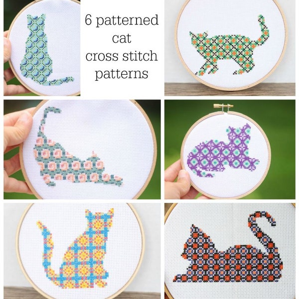 6 Patterned Cat Cross Stitch Patterns // 6 Instant Download Patterns