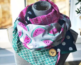 Black, aqua and grey Infinity scarf reversible made in patchwork style with nice buttons to wear it straight or infinity