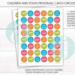 Children and Youth program 1.313" circles and 1" Squares for crafts magnets badges bottle stickers Clip art and 1.629 circles for 1.5"