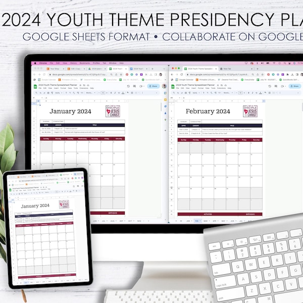 2024 Youth Theme PLANNER Google Sheets Calendar Meeting Agenda Lessons Activities paperless disciple of Jesus Christ Young Women Young Men