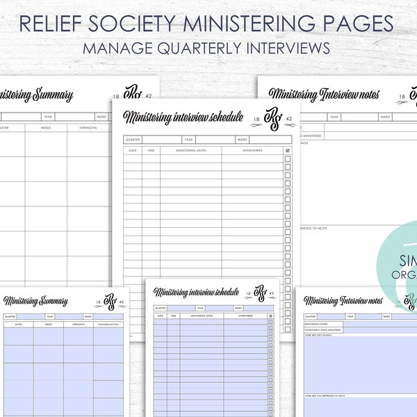 Relief Society Ministering Binder pages Schedule Quarterly Interview questions Summary page Printable | Ministering Sisters