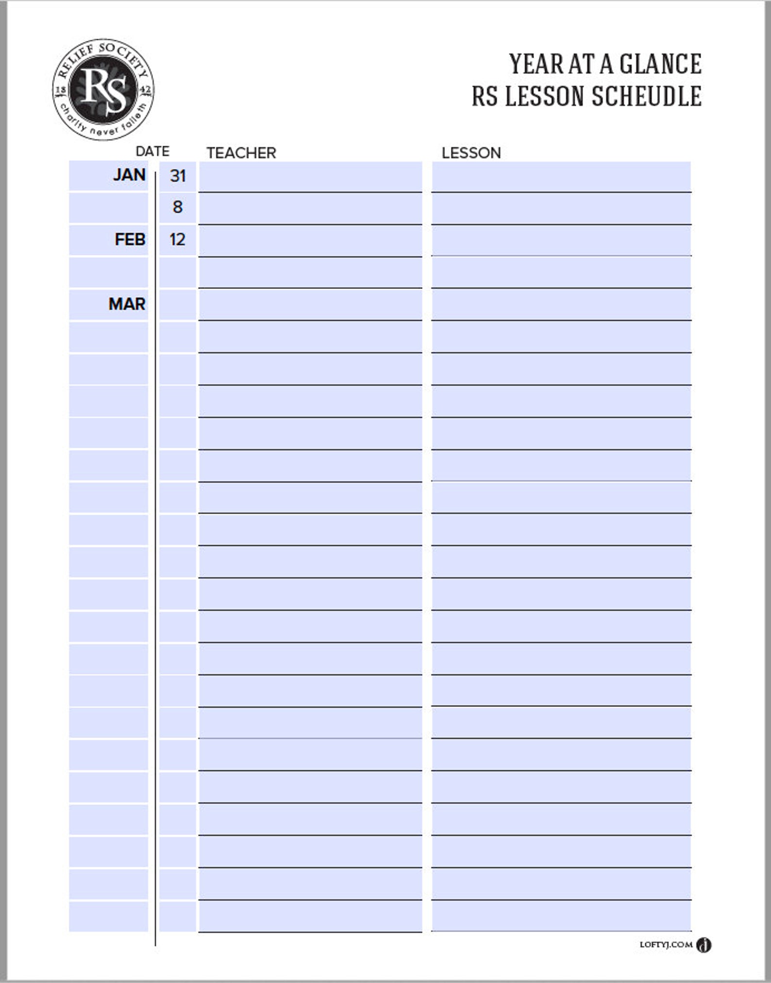 2020 Relief Society Teacher and Lesson schedule planning sheet Etsy