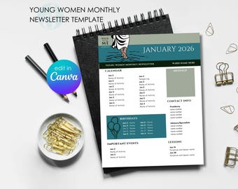Young Women Newsletter Template: 2026 Theme, Editable Canva (Digital Download)