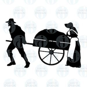 May include: A black and white silhouette of two people pushing a wheelbarrow filled with a large pile of goods. The people are dressed in simple clothing and are working together to transport the goods.