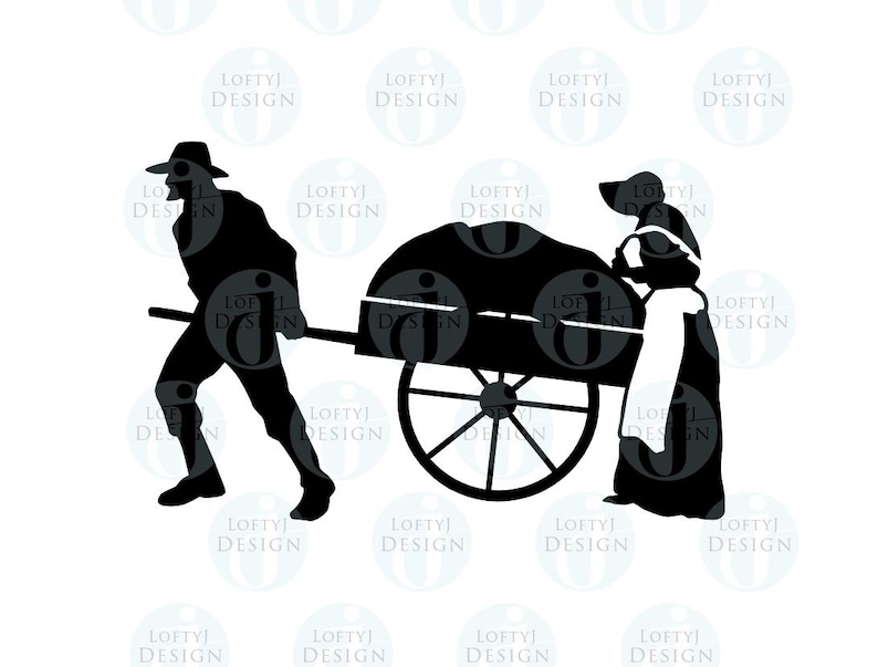 May include: A black and white silhouette of two people pushing a wheelbarrow filled with a large pile of goods. The people are dressed in simple clothing and are working together to transport the goods.
