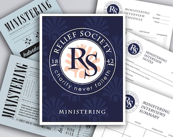 May include: A blue and white logo with the text "Relief Society" and the letters "RS" in a circle. The letters "RS" are in a pink color. The text "Charity never faileth" is below the circle. The text "Ministering" is below the text "Charity never faileth".